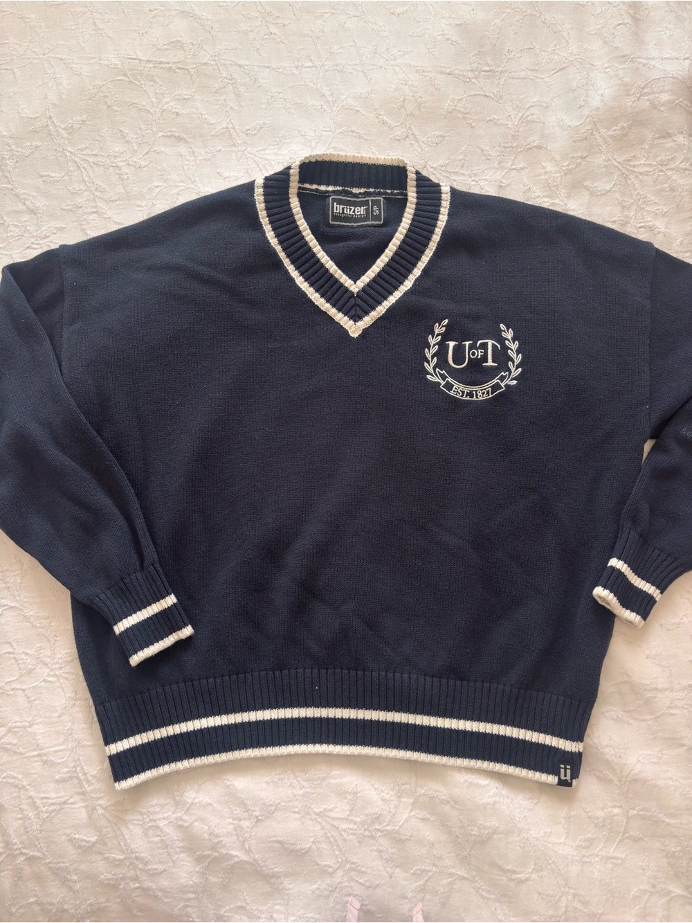 University of Toronto Navy V-Neck Sweater with White Contrast Trim